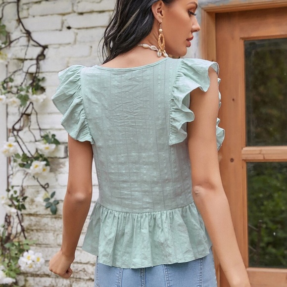 Boho v neck button ruffle babydoll mint green top - Picture 5 of 6